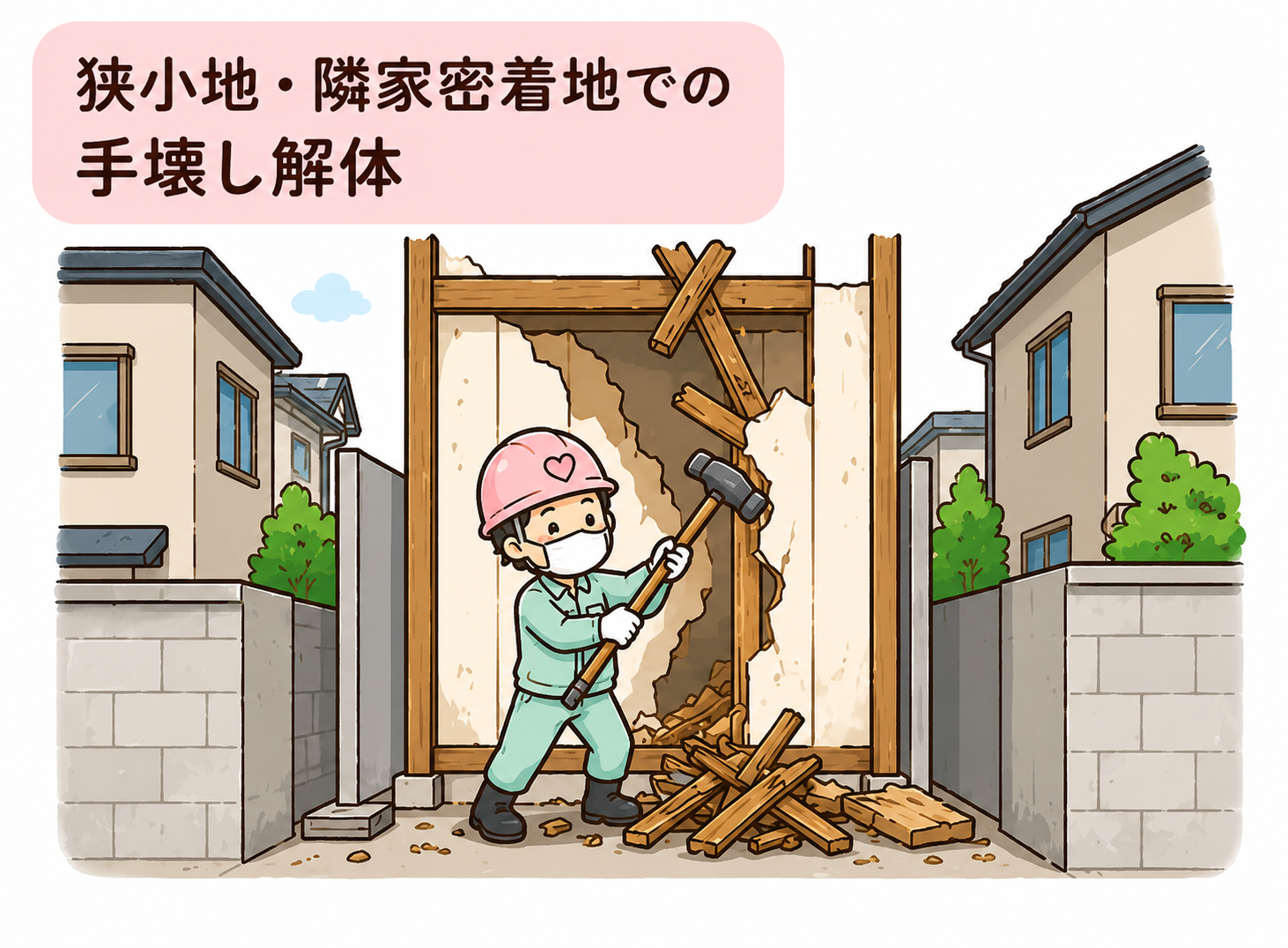 狭小地・隣家密着地での手壊し解体